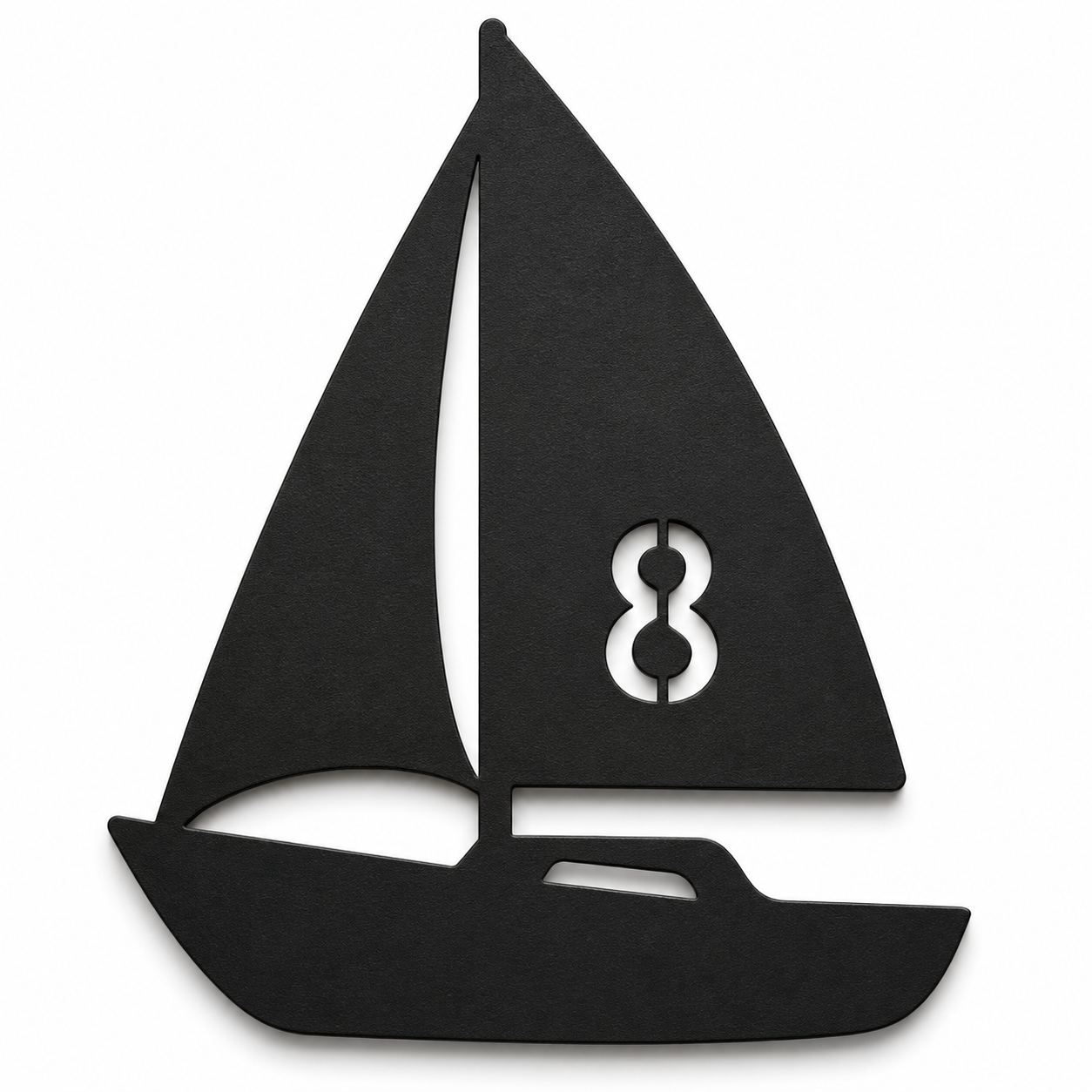 Schwarze Hausnummer 8 im Segelboot-Design aus Edelstahl V2A in RAL 9005 auf weißem Hintergrund