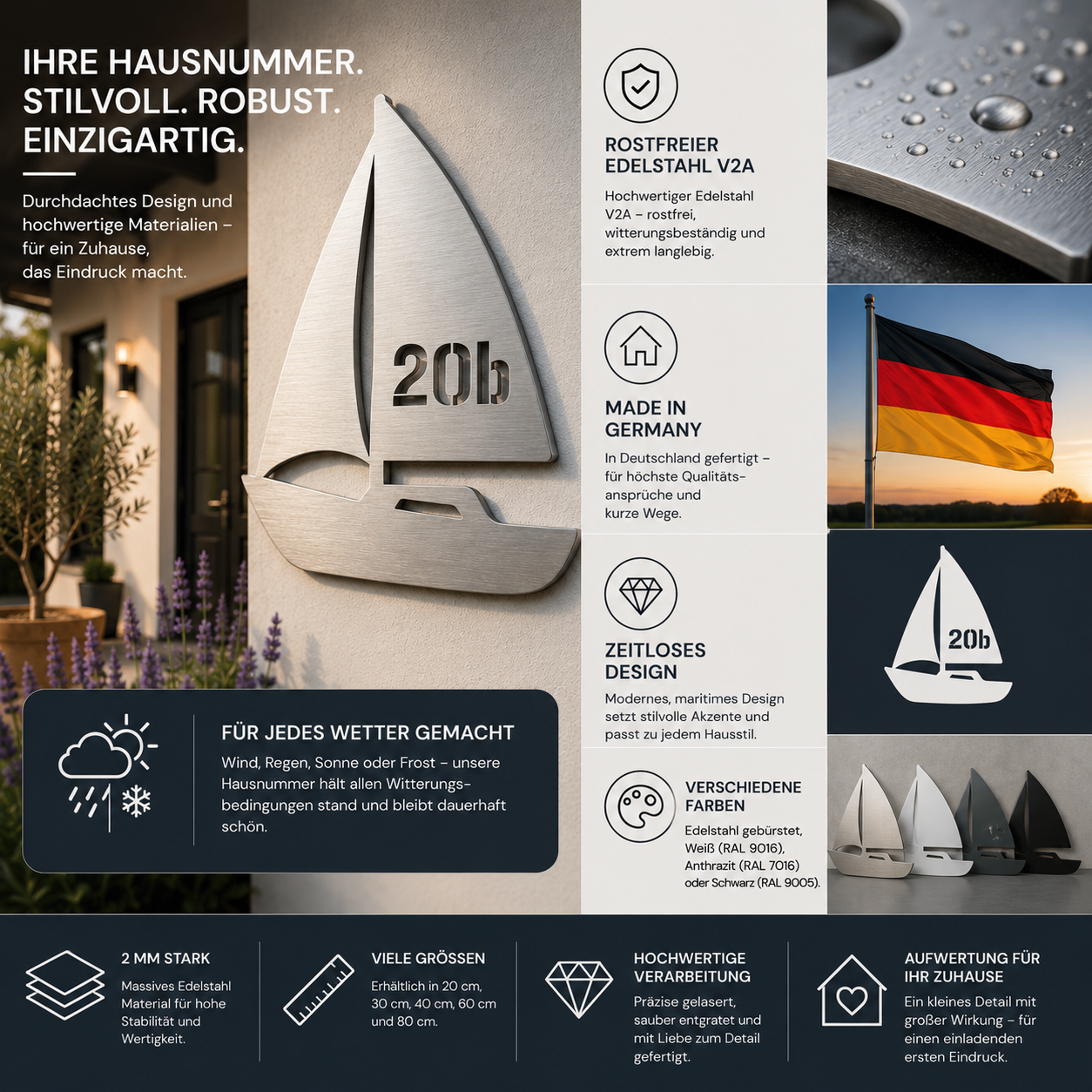 Vorteile der Hausnummer im Segelboot-Design aus Edelstahl V2A: wetterbeständig, 2 mm stark und Made in Germany