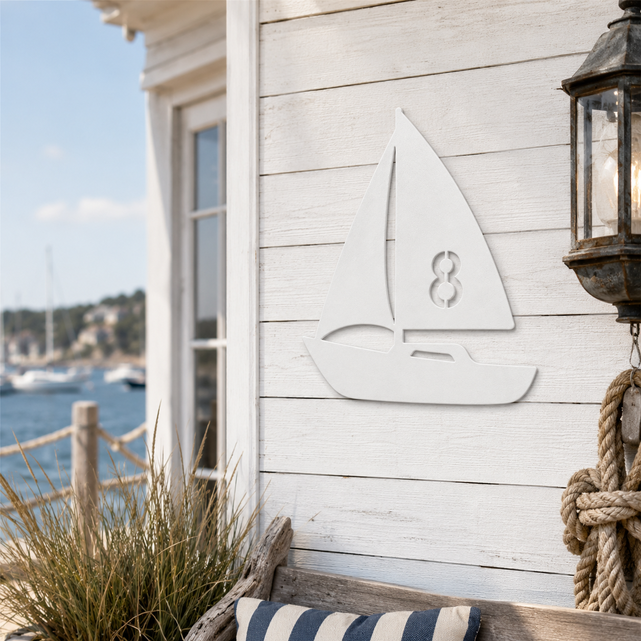 Weiße Hausnummer im Segelboot-Design an einer maritimen Hausfassade am Wasser