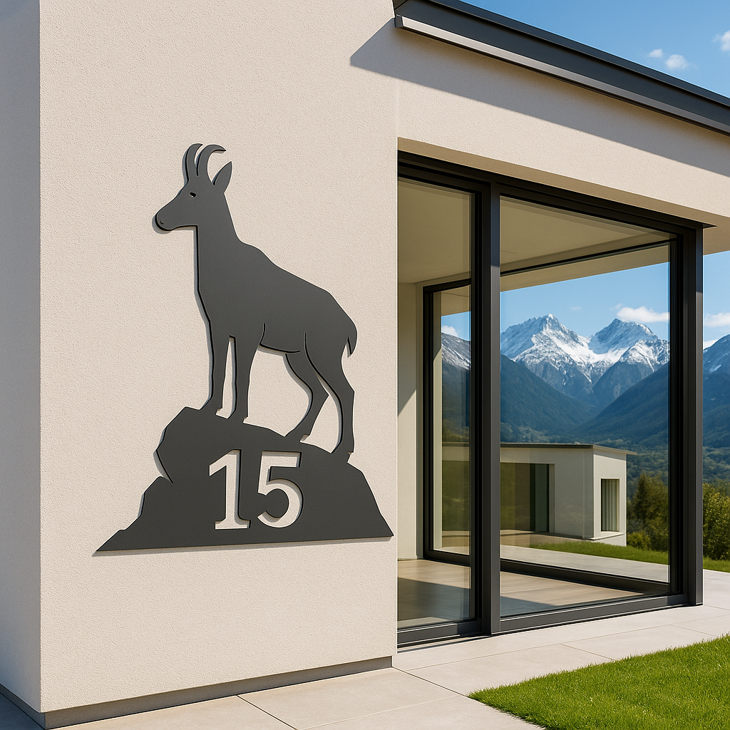 Moderne Hausnummer mit Steinbock-Silhouette in Anthrazit an weißer Fassade mit Berglandschaft