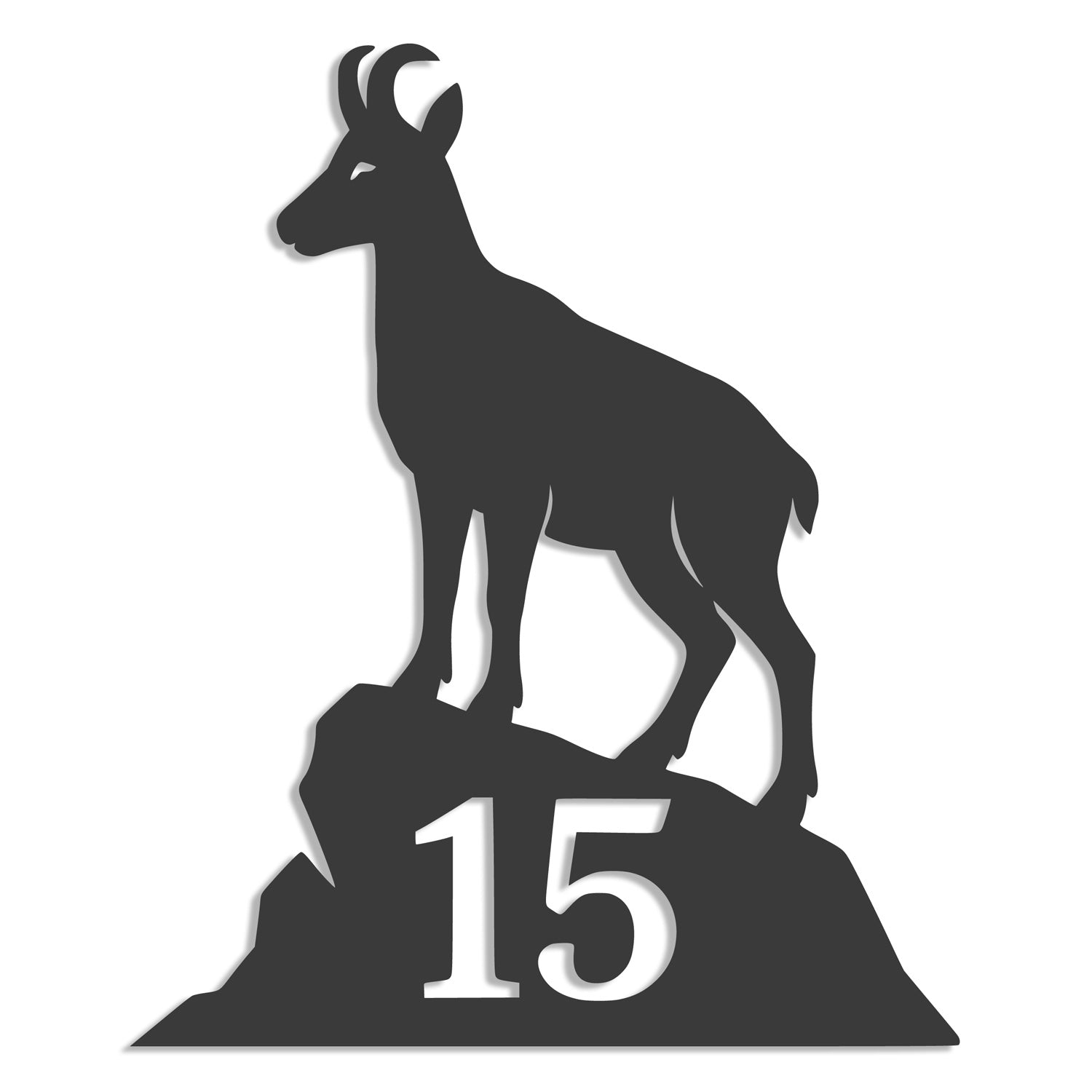 Hausnummer Steinbock aus Edelstahl in Anthrazit, freigestellt auf Weiß