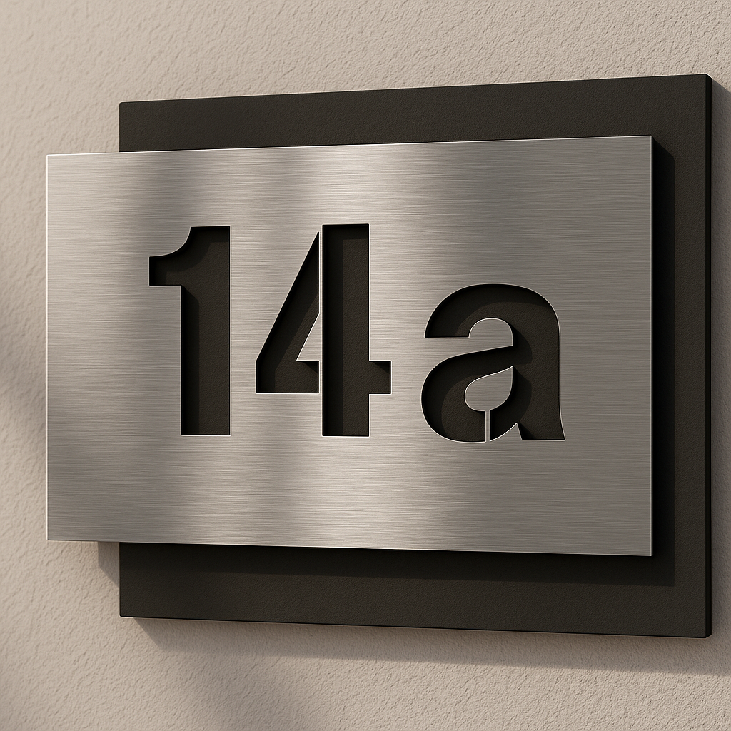 Hausnummernschild 14a aus echtem V2A Edelstahl mit anthrazitfarbener Unterplatte, 20×20 cm, moderne Stencil-Schrift, witterungsbeständig