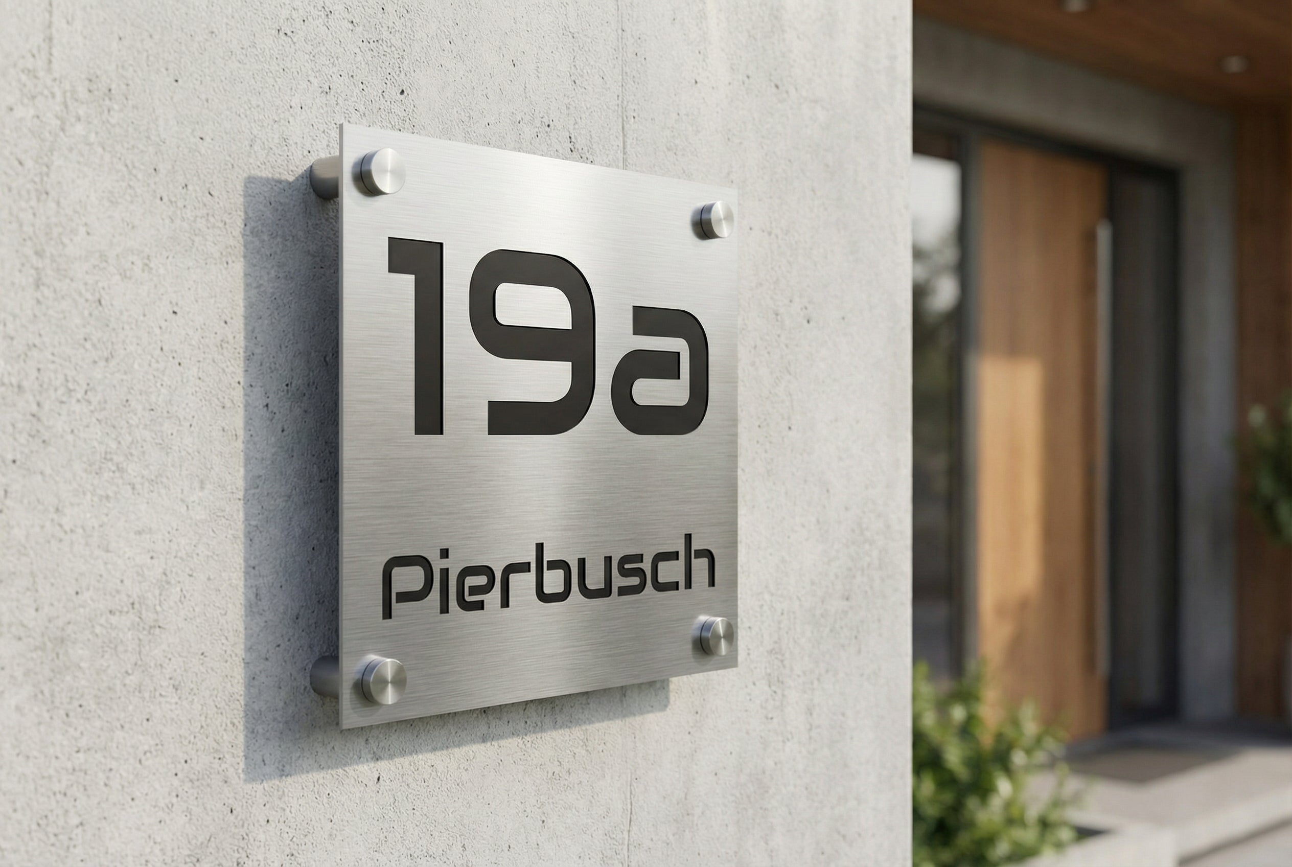 Gebürstetes Edelstahl-Hausnummernschild „19a“ mit „Pierbusch“ an grauer Hauswand, montiert mit Edelstahl-Abstandshaltern vor modernem Hauseingang.