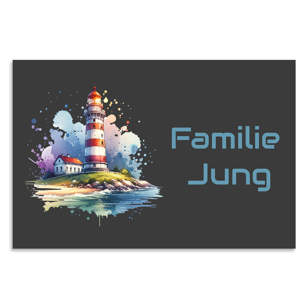Dekoratives Edelstahlschild in Anthrazit mit maritimer Leuchtturm-Grafik und dem Namen „Familie Jung“, 12 x 8 cm – wetterfest, anthrazit pulverbeschichtet und personalisierbar in weiteren Größen.
