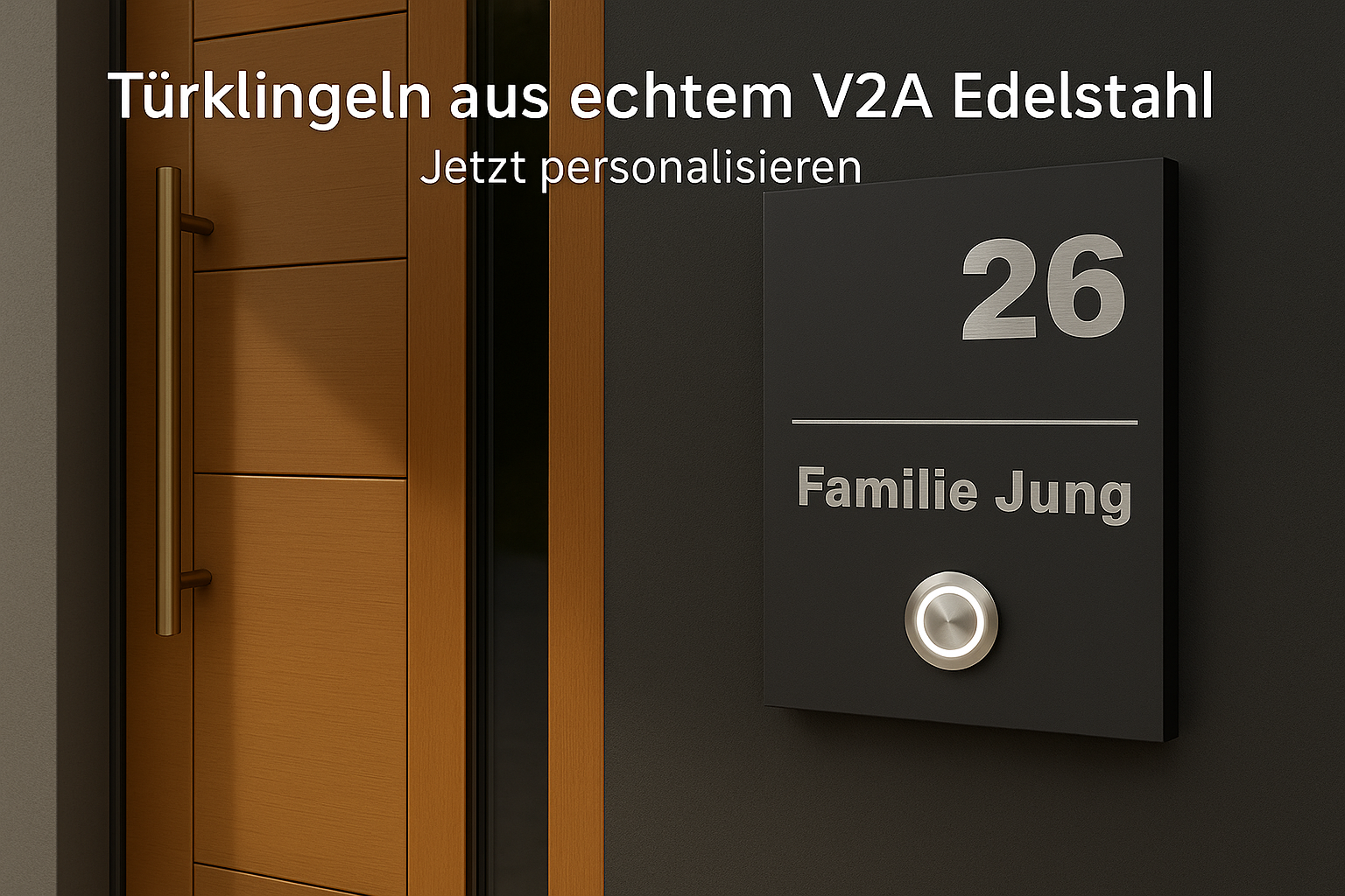 Haustür-Szene mit vollständiger V2A Edelstahl-Türklingel inklusive Hausnummer