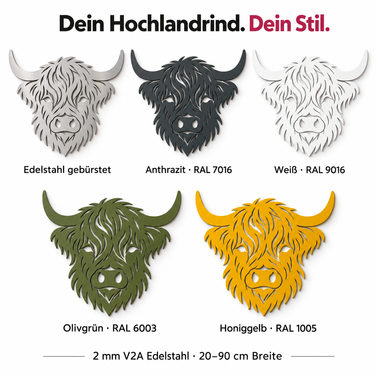 Hochlandrind Wanddeko – fünf Oberflächen: Edelstahl, Anthrazit, Weiß, Olivgrün und Honiggelb