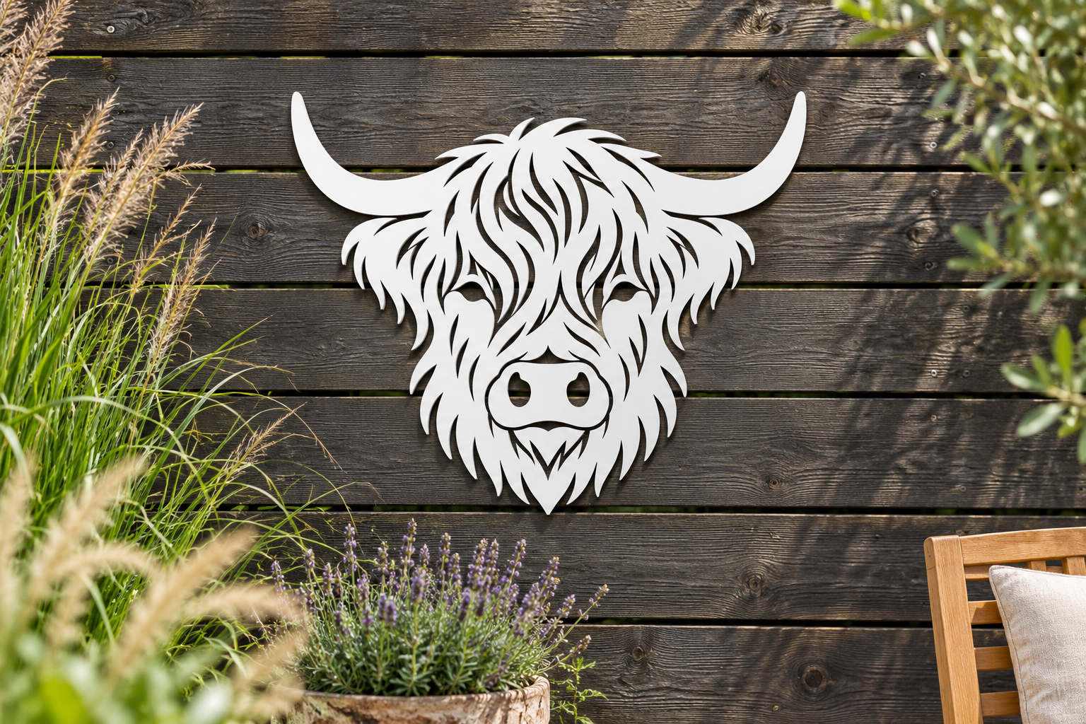 Weiße Hochlandrind Wanddeko an einem dunklen Holzzaun im Garten