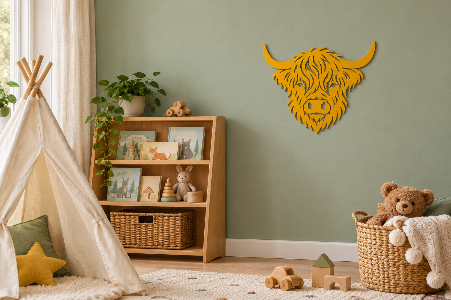 Kleine Hochlandrind Wanddeko in Honiggelb im skandinavischen Kinderzimmer