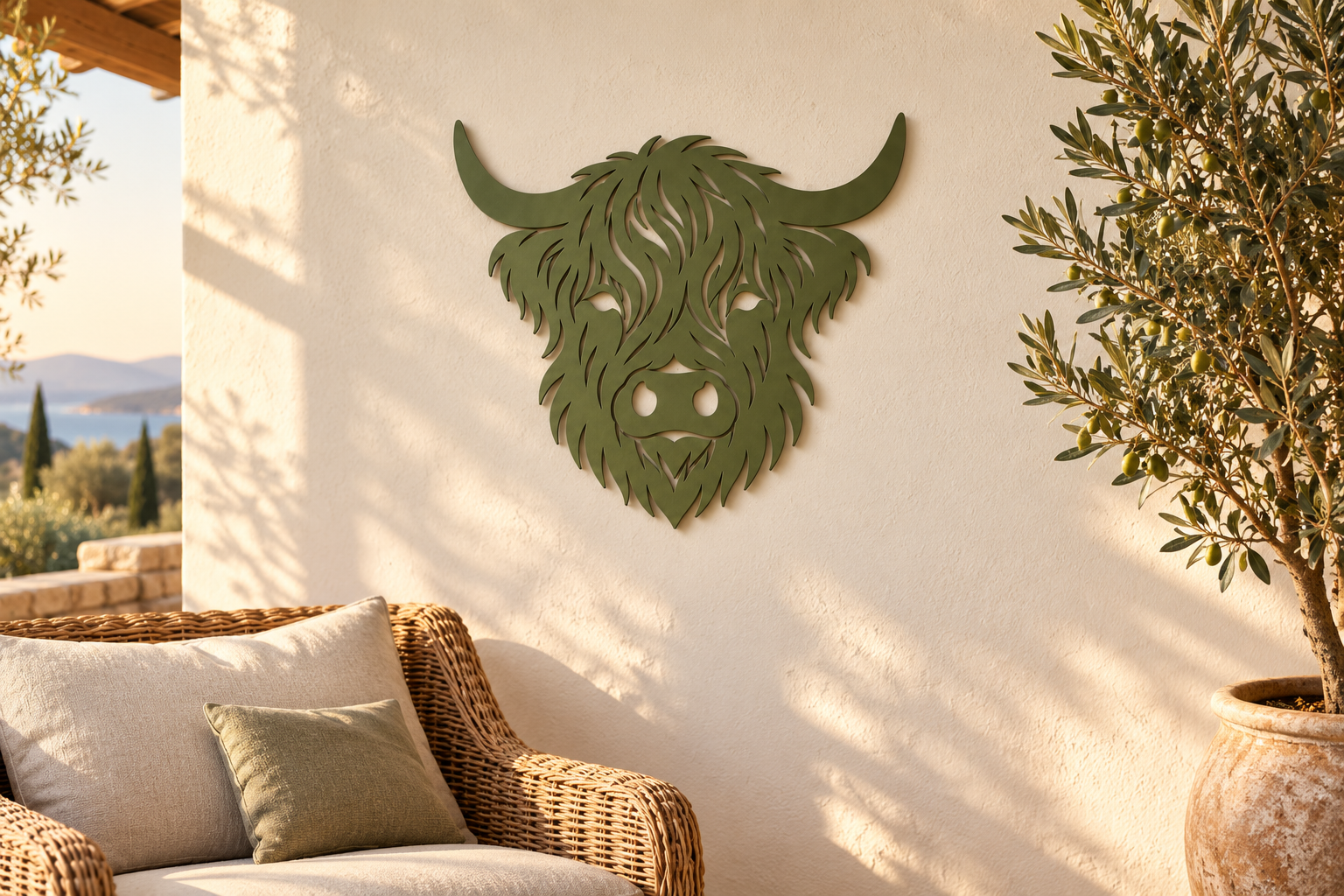 Olivgrüne Hochlandrind Wanddeko an einer hellen Terrassenwand