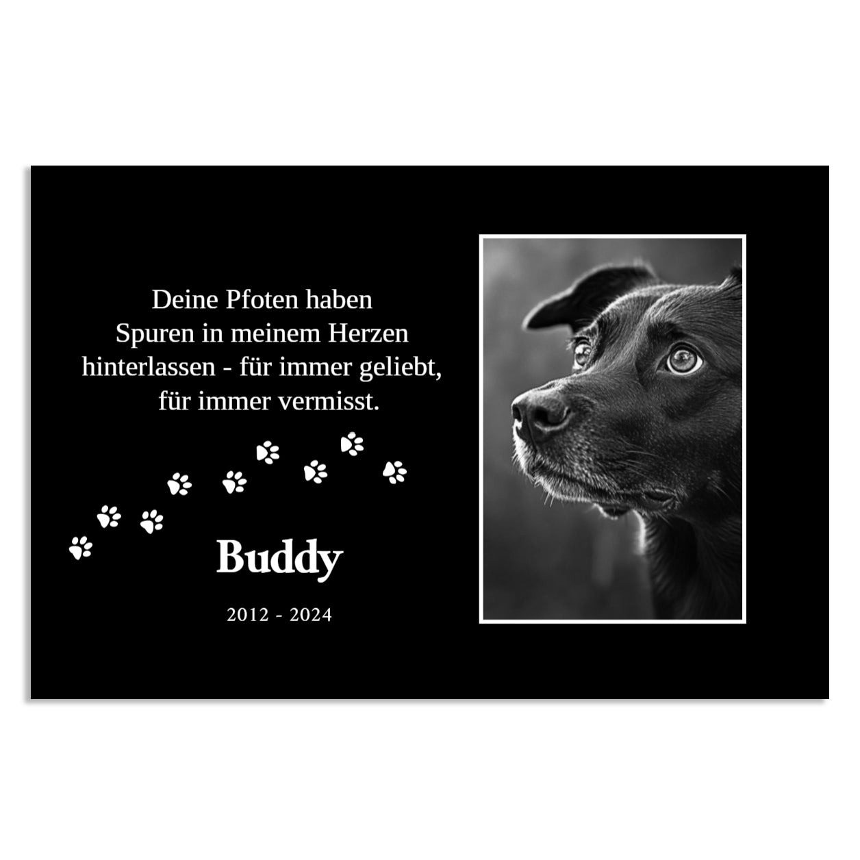 Gedenktafel für Hund Buddy mit Foto, Pfotenabdrücken, Spruch und Lebensdaten 2012–2024
