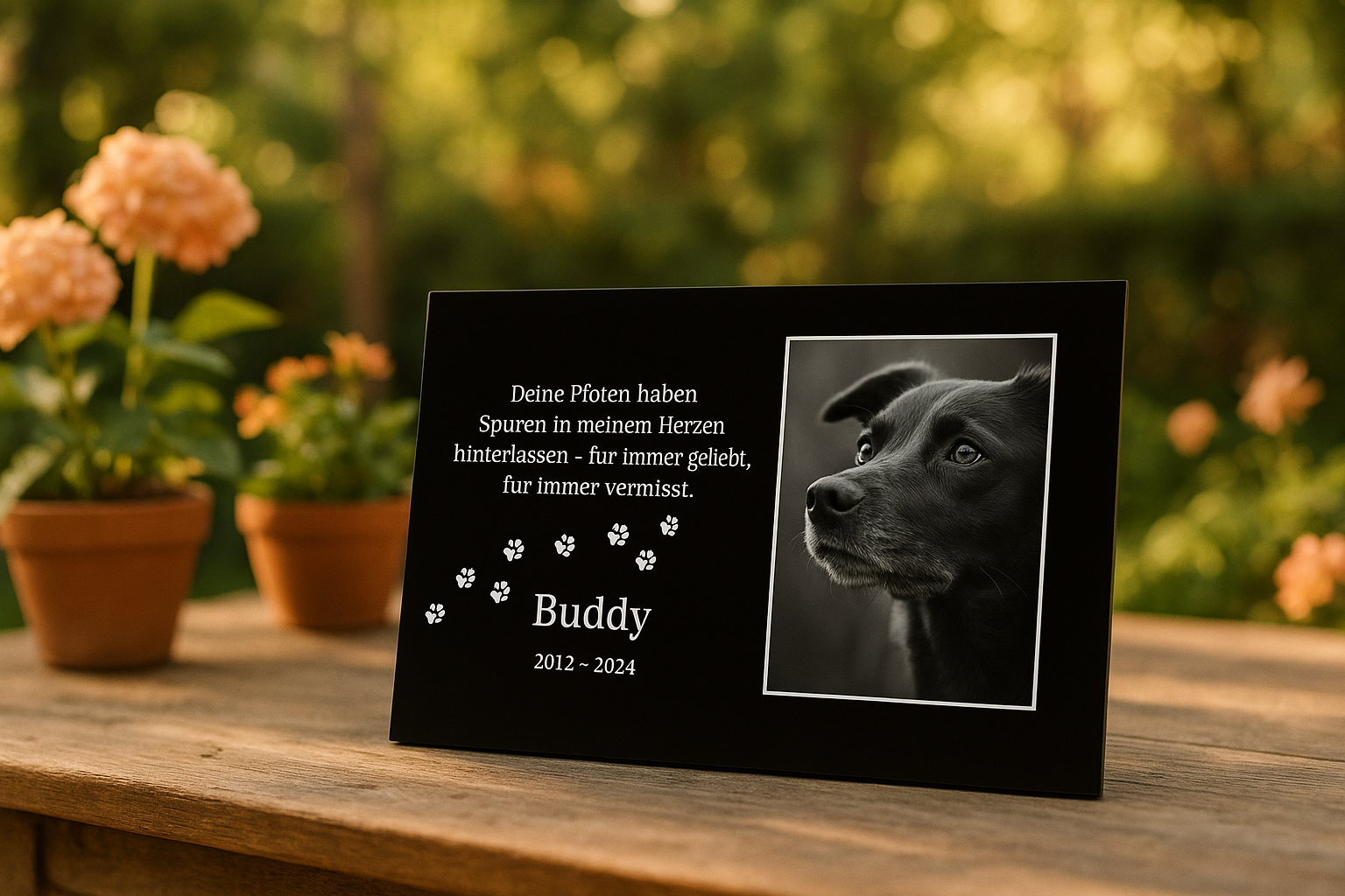 Gedenktafel für Hund Buddy mit Foto und Spruch, aufgestellt im Garten mit Blumen im Hintergrund