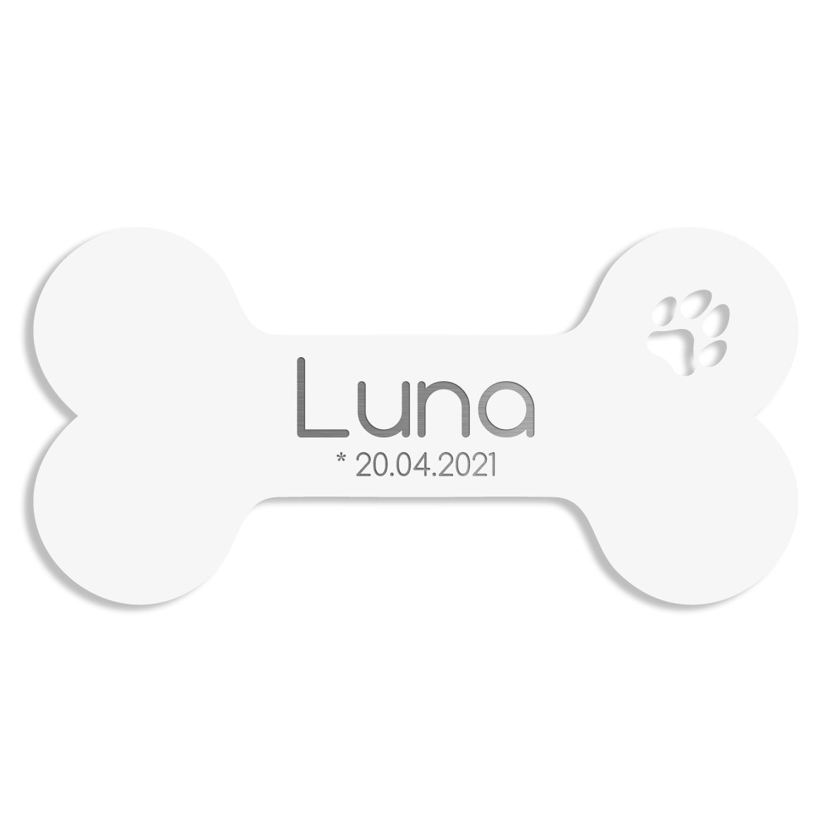 Weißes Hundeknochen-Schild mit Name Luna – aus echtem V2A Edelstahl, personalisierbar in vier Größen von 5 bis 30 cm
