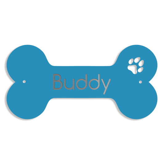Blaues Hundeknochen-Schild aus V2A Edelstahl mit Wunschname Buddy – wetterfest, rostfrei und in verschiedenen Größen wählbar

