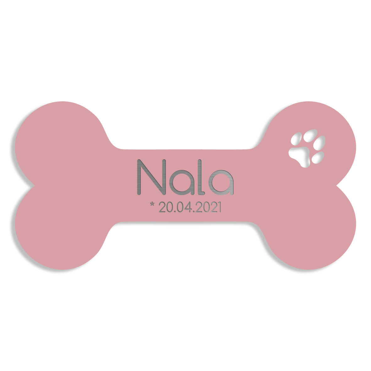 Rosa Hundeknochen als personalisierbares Schild aus V2A Edelstahl mit Name Nala und Datum – in 5 bis 30 cm erhältlich
