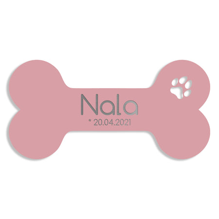 Rosa Hundeknochen als personalisierbares Schild aus V2A Edelstahl mit Name Nala und Datum – in 5 bis 30 cm erhältlich
