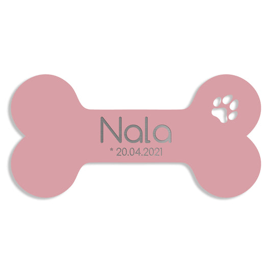Rosa Hundeknochen als personalisierbares Schild aus V2A Edelstahl mit Name Nala und Datum – in 5 bis 30 cm erhältlich
