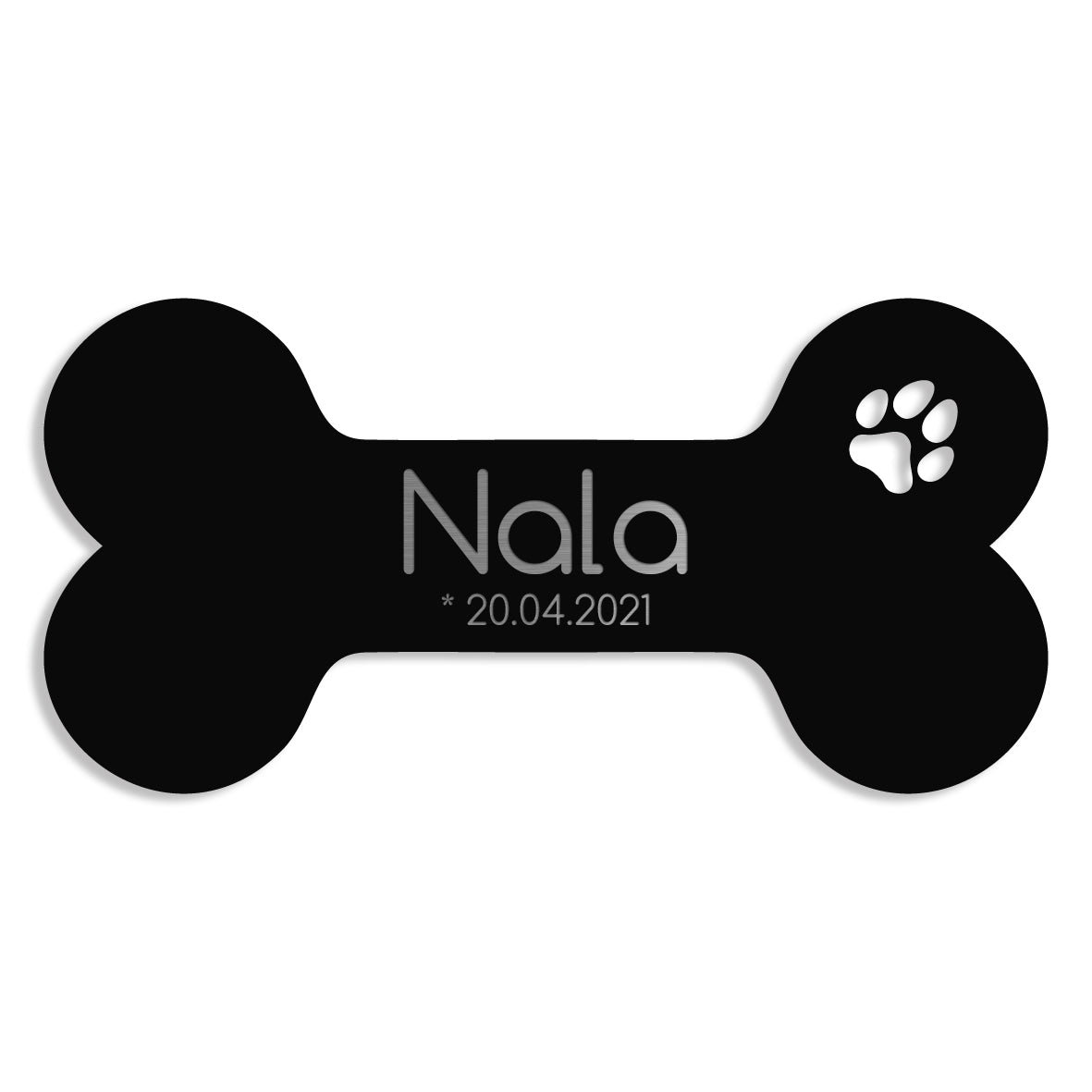 Schwarzes Hundeschild in Knochenform mit Name Nala – aus V2A Edelstahl gefertigt und in 4 Größen erhältlich
