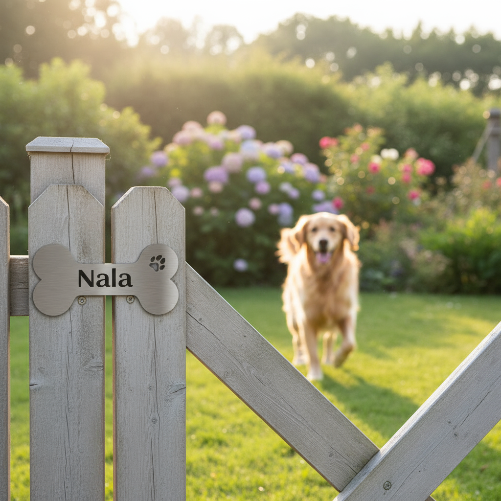 Hundeknochen-Schild im Garten