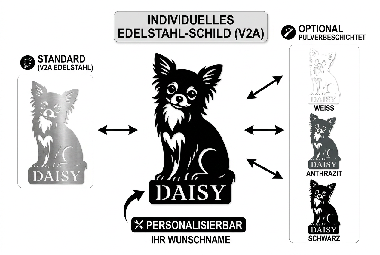 Infografik für personalisierbare Chihuahua-Edelstahlschilder. Gezeigt werden das Standard-V2A-Schild und pulverbeschichtete Varianten in Weiß, Anthrazit und Schwarz, mit Hinweis auf 'Personalisierbar Ihr Wunschname