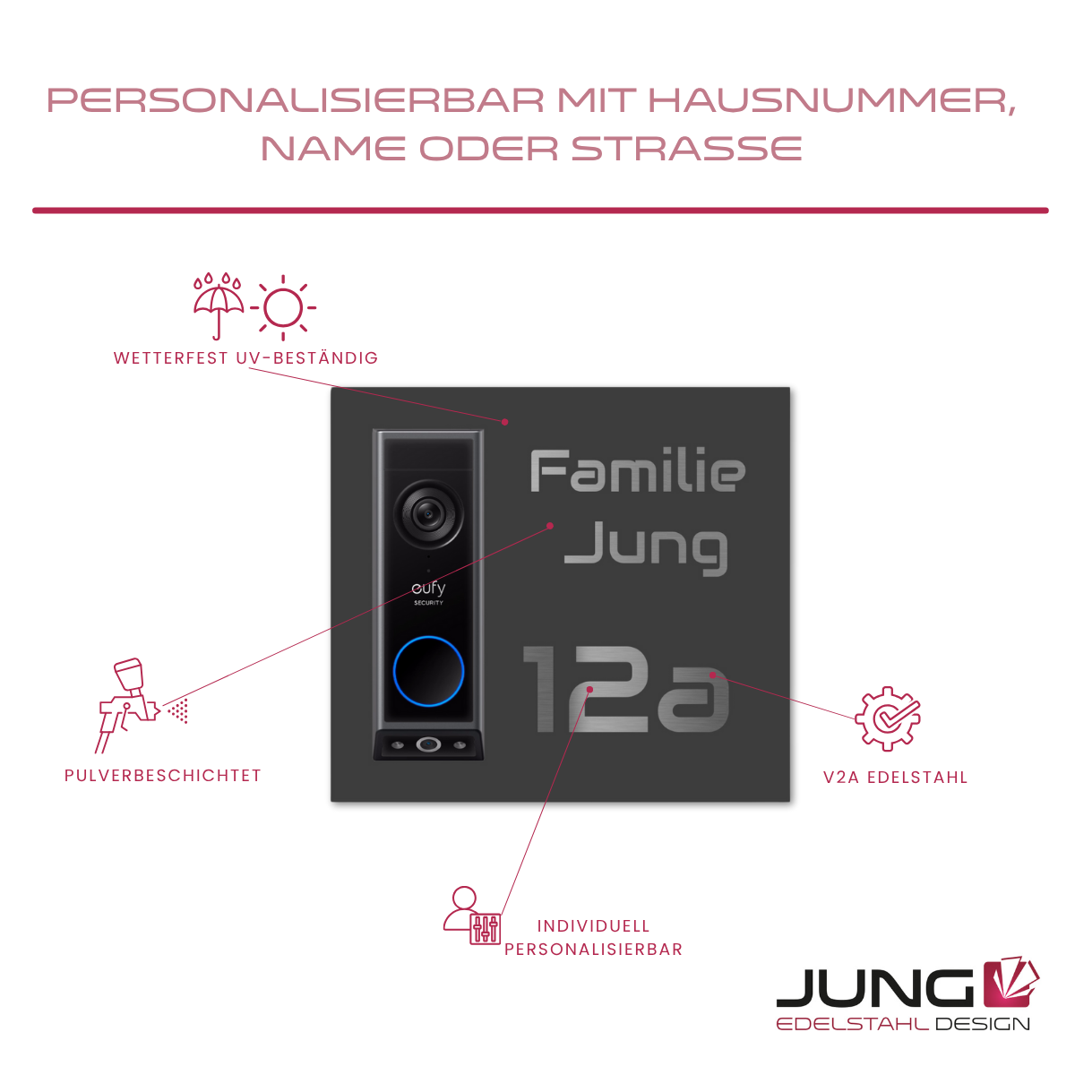 Infografik zu personalisierbarem Edelstahlschild für Eufy E340 Video Doorbell – wetterfest, UV-beständig, pulverbeschichtet, aus echtem V2A Edelstahl – individualisierbar mit Name, Nummer oder Straße
