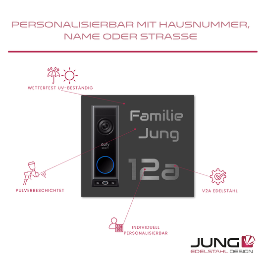 Infografik zu personalisierbarem Edelstahlschild für Eufy E340 Video Doorbell – wetterfest, UV-beständig, pulverbeschichtet, aus echtem V2A Edelstahl – individualisierbar mit Name, Nummer oder Straße
