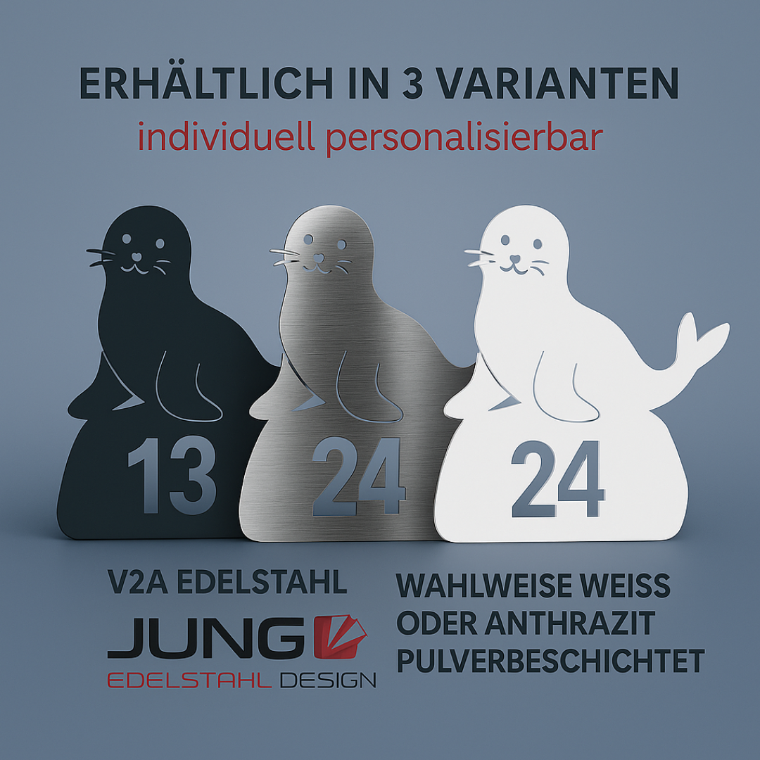 Infografik: Personalisierbare Hausnummer in Seehund-Form – aus V2A Edelstahl, wahlweise weiß oder anthrazit pulverbeschichtet – in drei hochwertigen Varianten erhältlich
