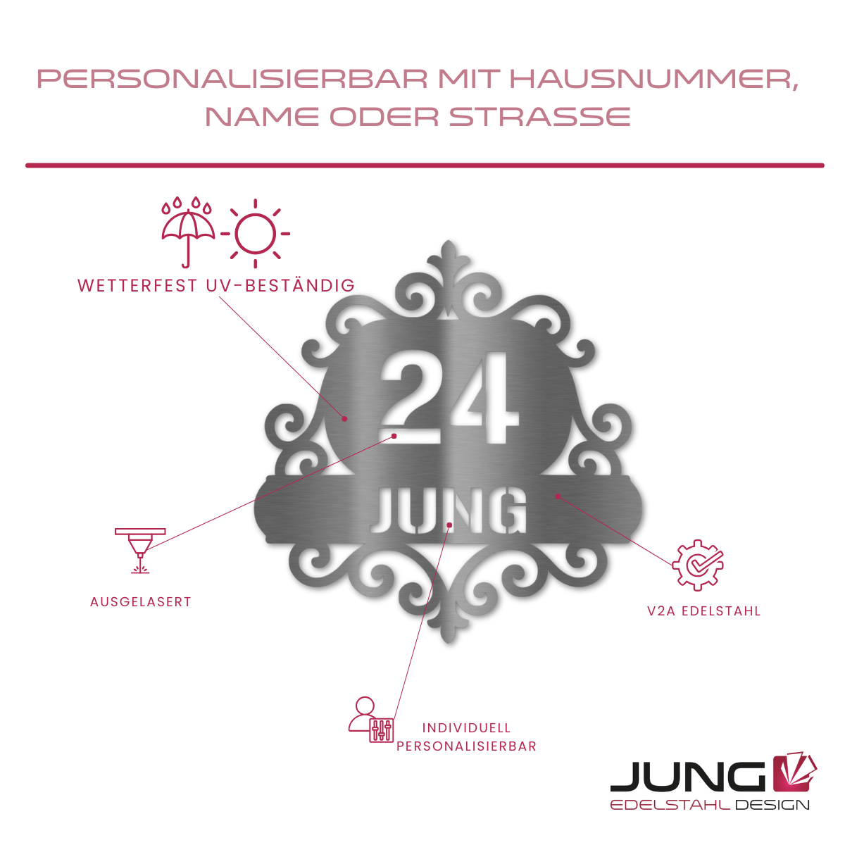 Infografik: Personalisierbare Hausnummer mit floralem Design – aus V2A Edelstahl, wetterfest, UV-beständig, mit ausgelasertem Text – ideal für den Außenbereich
