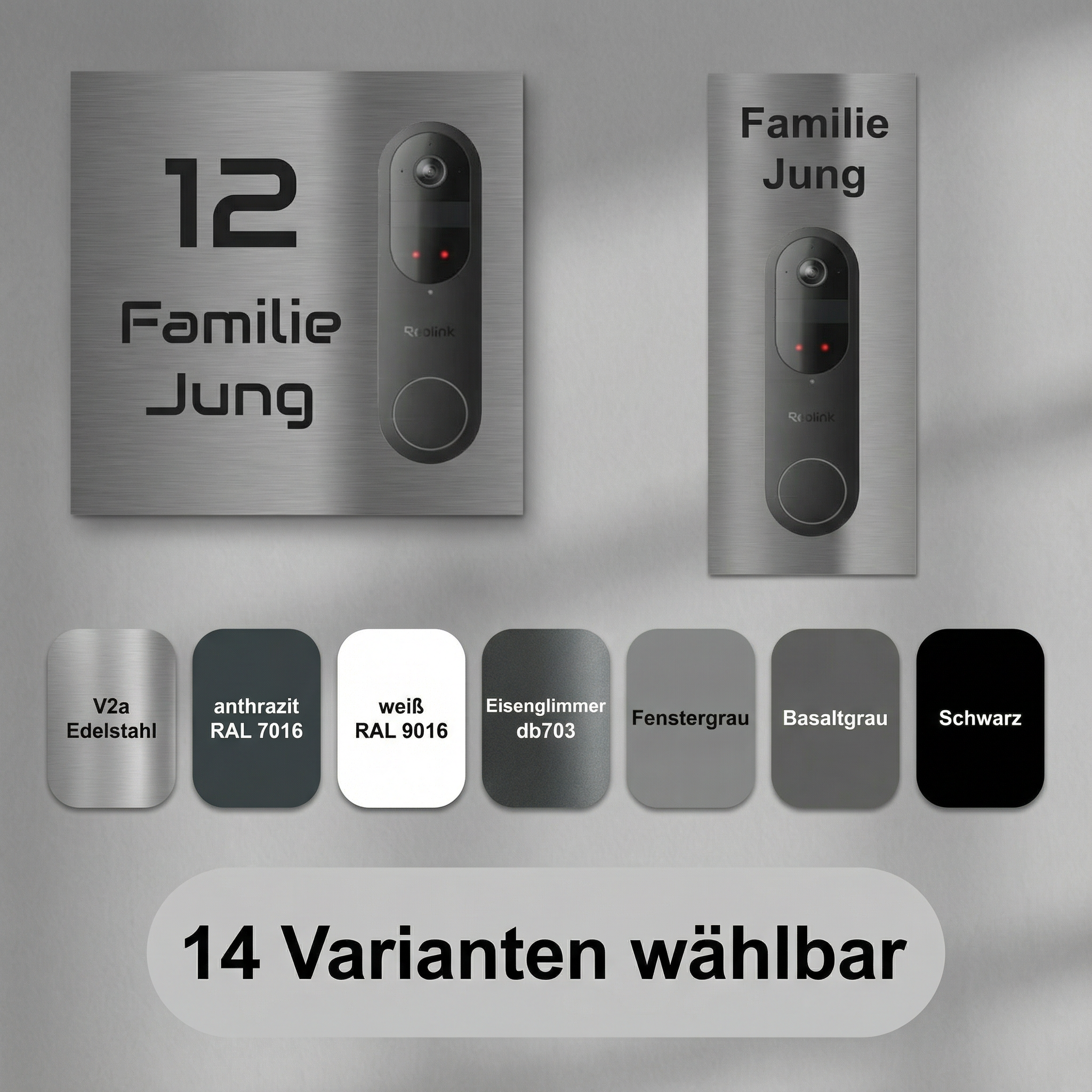 Infografik: Reolink Battery Video Türklingel auf V2A Edelstahl Türschild, Beispiele quer und hoch, darunter Farbmuster der Beschichtungen (u.a. Anthrazit RAL 7016, Weiß RAL 9016, Eisenglimmer DB703, Fenstergrau, Basaltgrau, Schwarz) und Hinweis „14 Varianten wählbar“
