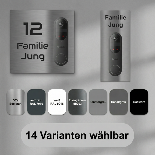 Infografik: Reolink Battery Video Türklingel auf V2A Edelstahl Türschild, Beispiele quer und hoch, darunter Farbmuster der Beschichtungen (u.a. Anthrazit RAL 7016, Weiß RAL 9016, Eisenglimmer DB703, Fenstergrau, Basaltgrau, Schwarz) und Hinweis „14 Varianten wählbar“
