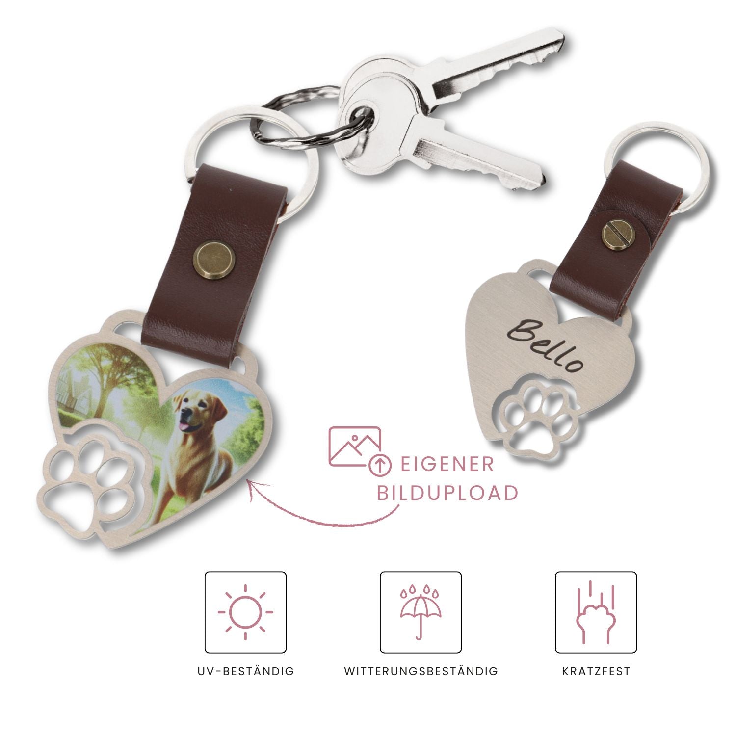 Infografik: Personalisierbarer Schlüsselanhänger aus Edelstahl mit Herz- und Pfotenmotiv – Vorderseite mit eigenem Foto, Rückseite mit Namen graviert – UV-beständig, wetterfest, kratzfest – ideales Geschenk für Tierliebhaber

