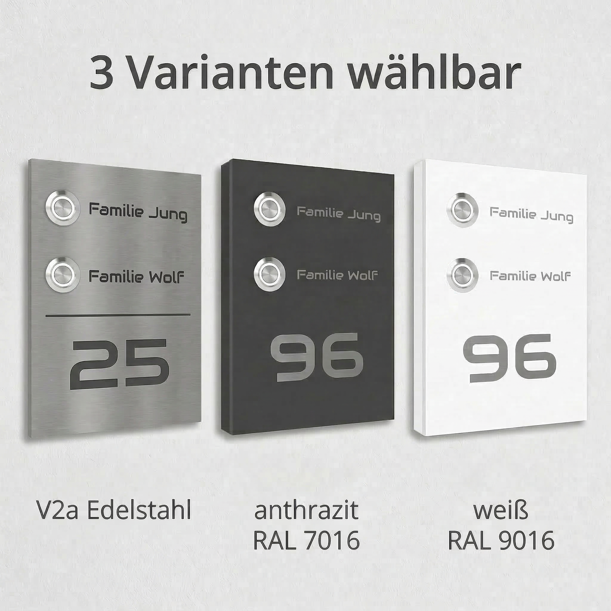 Infografik der Edelstahl-Türklingel „Kiel“ mit drei wählbaren Varianten in V2A Edelstahl, Anthrazit RAL 7016 und Weiß RAL 9016.