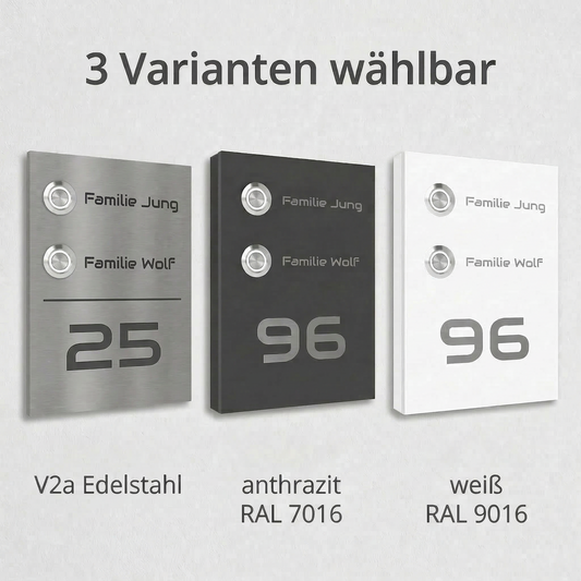 Infografik der Edelstahl-Türklingel „Kiel“ mit drei wählbaren Varianten in V2A Edelstahl, Anthrazit RAL 7016 und Weiß RAL 9016.