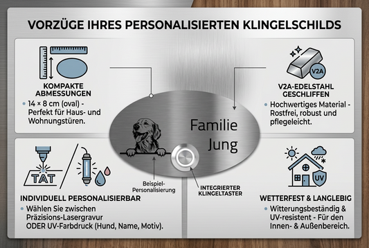 Infografik zur Türklingel „Rom“ aus geschliffenem V2A Edelstahl mit Vorteilen zu Größe, Material, Personalisierung, integriertem Klingeltaster und Wetterfestigkeit.