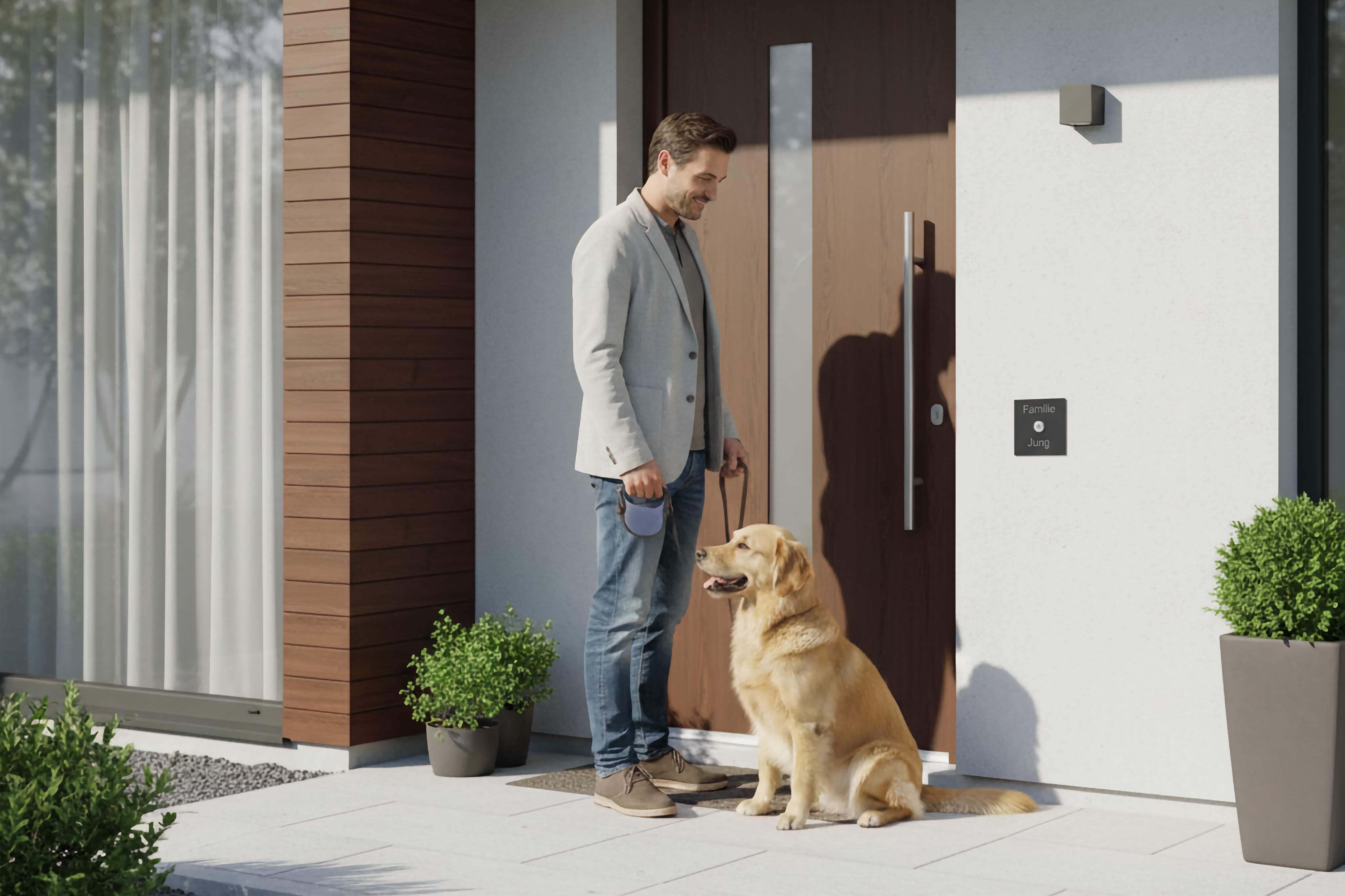 Türklingel Modell Bochum aus anthrazitfarbenem V2A Edelstahl, montiert am modernen Hauseingang neben der Tür, Szene mit Mann und Hund.