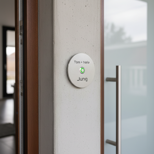 Runde Edelstahl-Türklingel Miami mit grün leuchtendem LED-Ring an moderner Haustür, montiert auf hellem Beton, hochwertige V2A-Optik.
