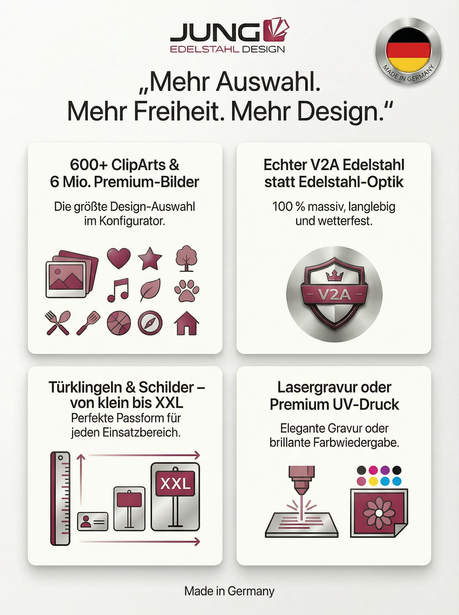 Mobile Infografik von Jung Edelstahl Design mit Vorteilen: 600+ ClipArts und 6 Mio. Premium-Bilder im Konfigurator, Türklingeln und Schilder von klein bis XXL, echter V2A Edelstahl, Lasergravur oder Premium UV-Druck, Made in Germany.