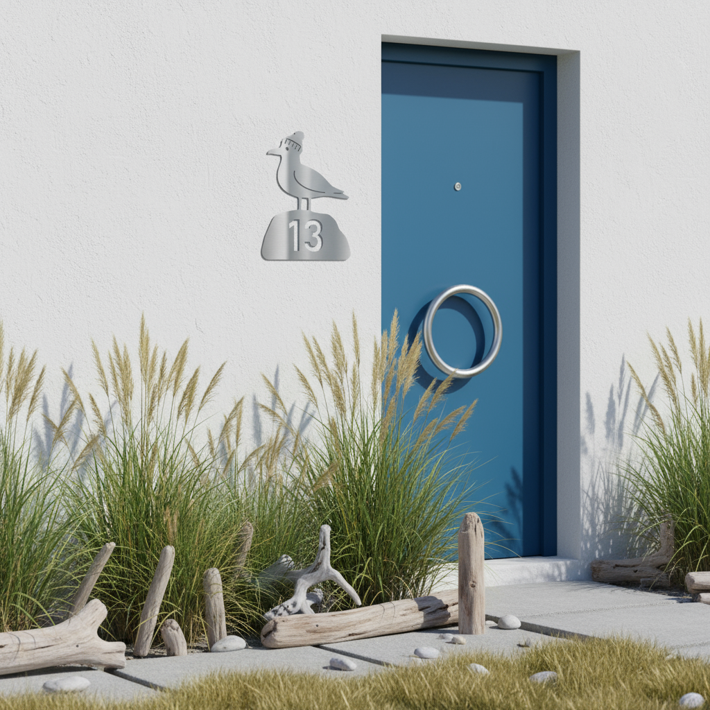 Küstenhaus-Eingang mit maritimer Hausnummer
