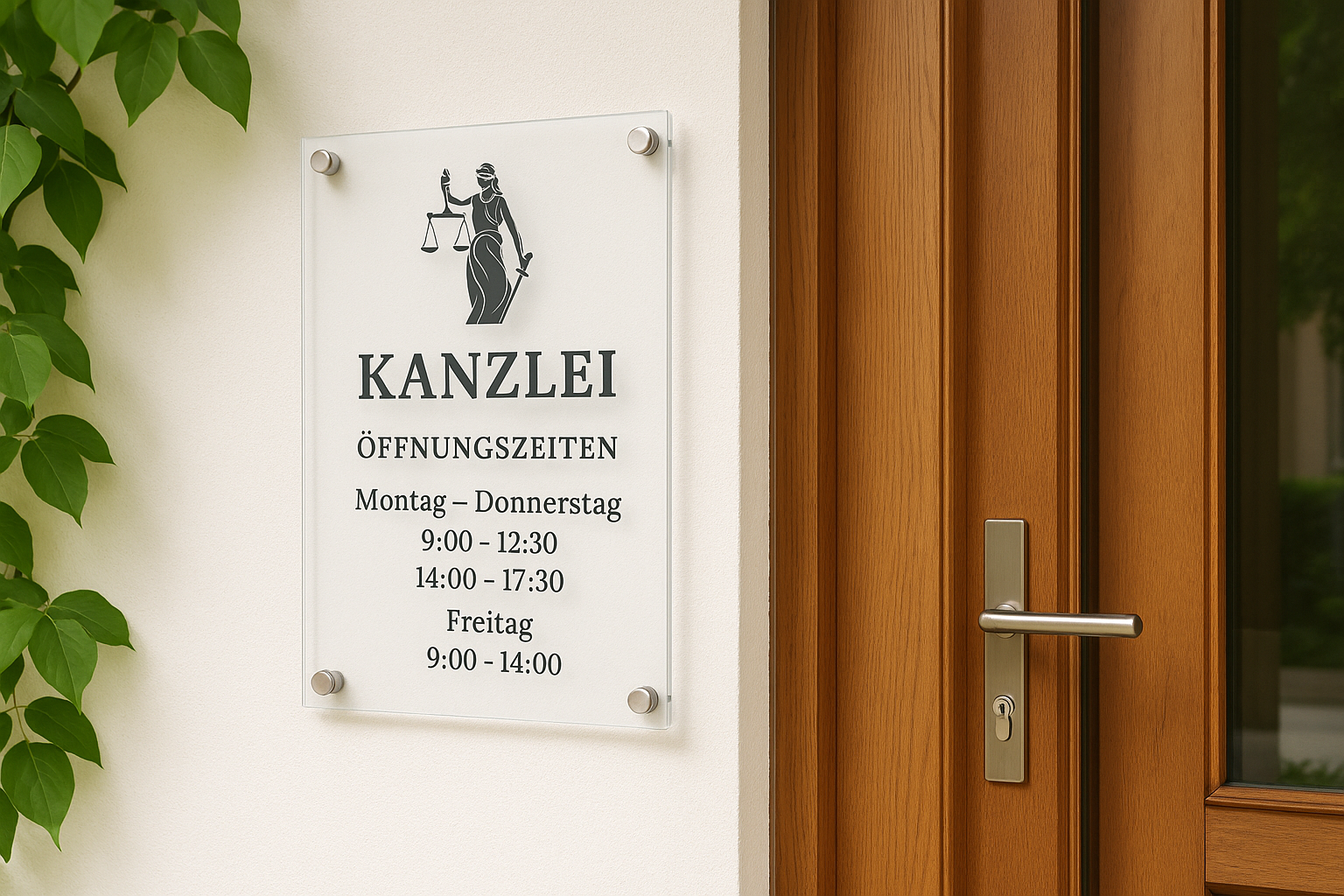 Lifestyle-Bild mit Acryl-Glas-Schild einer Kanzlei neben einer Holzeingangstür, befestigt mit Edelstahl-Abstandshaltern, umgeben von grünem Laub