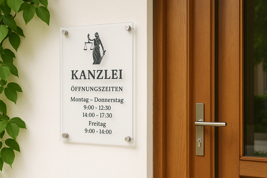 Lifestyle-Bild mit Acryl-Glas-Schild einer Kanzlei neben einer Holzeingangstür, befestigt mit Edelstahl-Abstandshaltern, umgeben von grünem Laub