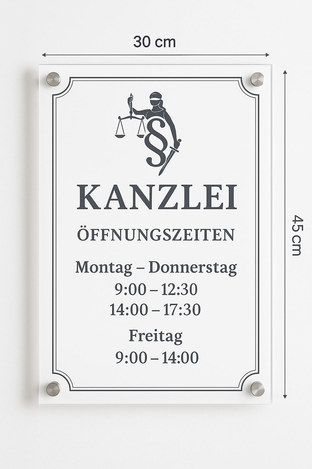 Acryl-Glas-Schild einer Kanzlei mit Edelstahl-Abstandshaltern, frontal aufgenommen, weiße Fläche mit Logo, Kanzleiname und Öffnungszeiten.