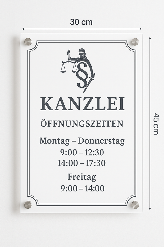 Acryl-Glas-Schild einer Kanzlei mit Edelstahl-Abstandshaltern, frontal aufgenommen, weiße Fläche mit Logo, Kanzleiname und Öffnungszeiten.