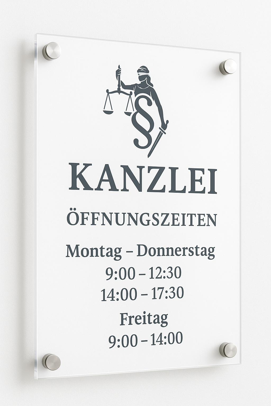 Acryl-Glas-Schild einer Kanzlei mit Edelstahl-Abstandshaltern, schräg von der Seite fotografiert, Logo mit Justitia und darunter Öffnungszeiten.