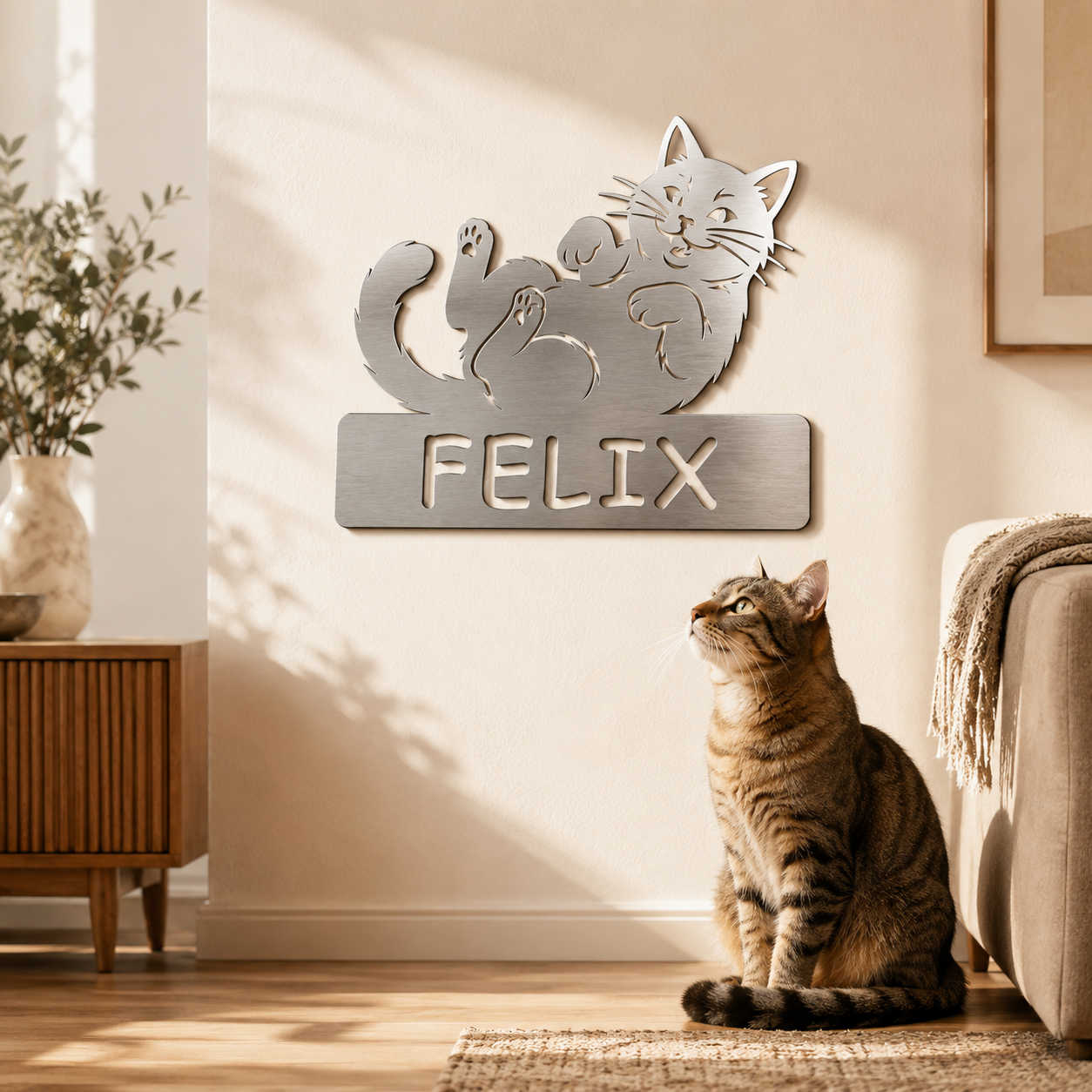 Katzen Namensschild Felix aus V2A Edelstahl im sonnigen Wohnbereich