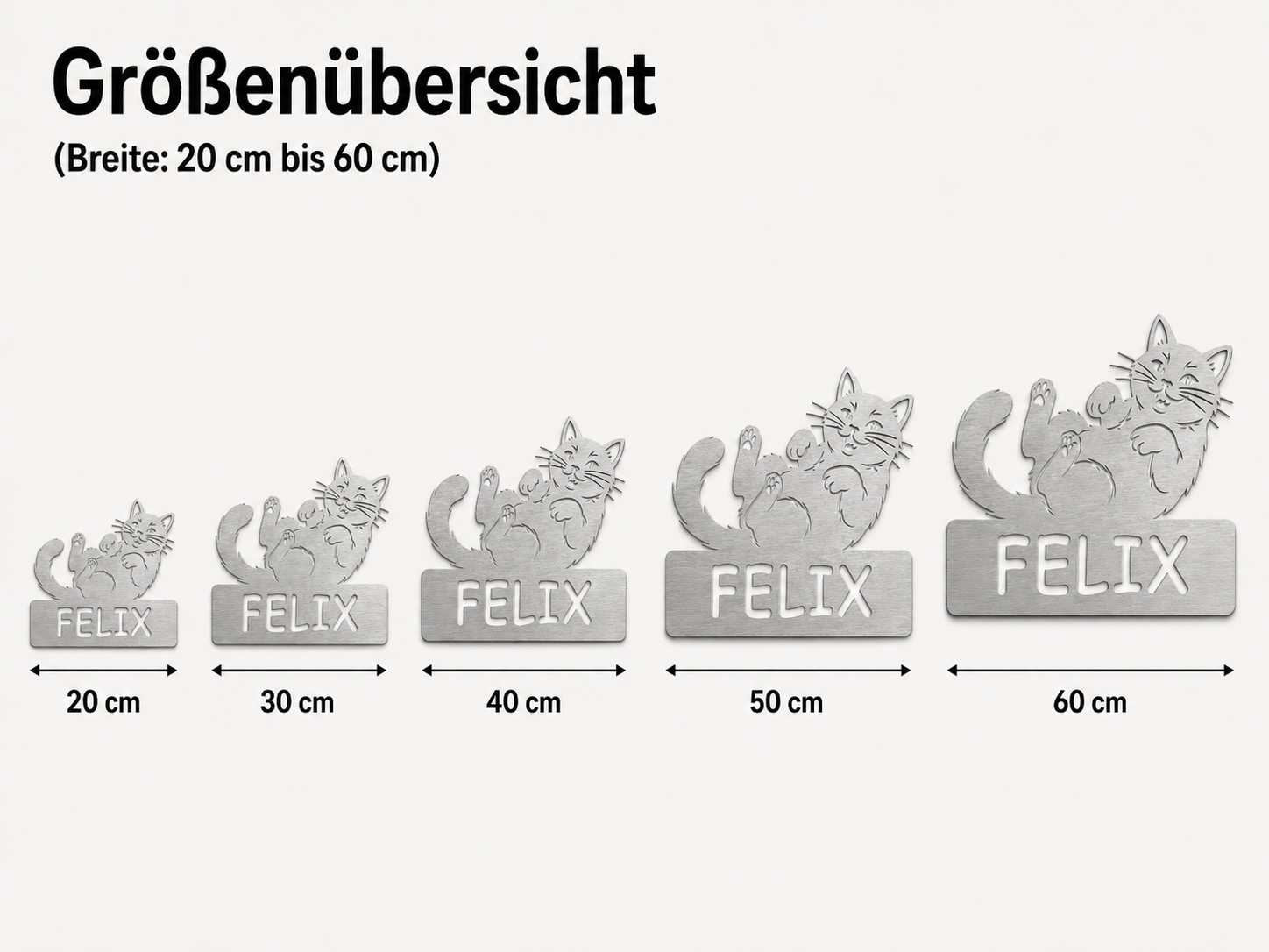 Größenübersicht für personalisiertes Katzen Namensschild Felix von 20 bis 60 cm Breite