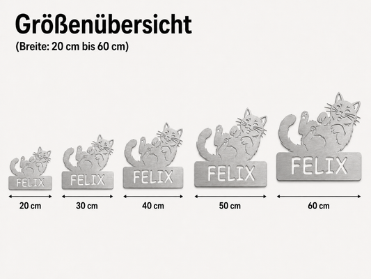 Größenübersicht für personalisiertes Katzen Namensschild Felix von 20 bis 60 cm Breite