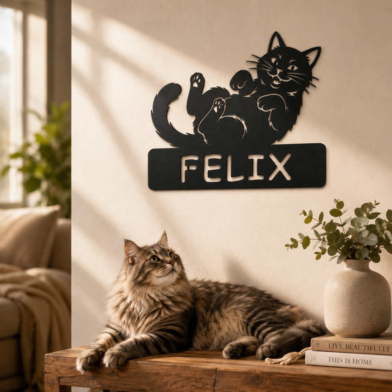 Personalisiertes Katzen Namensschild Felix in Schwarz im Wohnbereich mit Katze