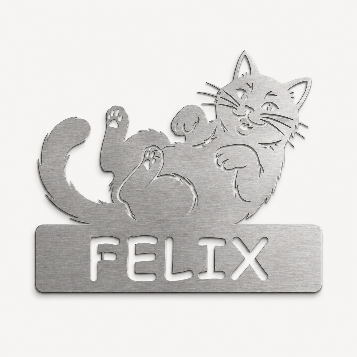 Personalisiertes Katzen Namensschild Felix aus gebürstetem V2A Edelstahl
