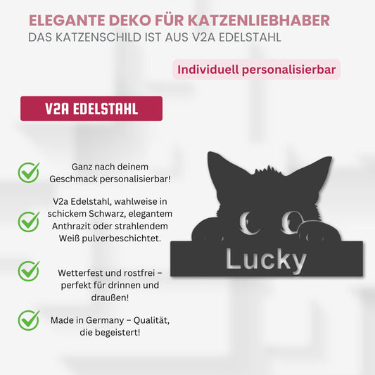 Infografik zu personalisierbarem Katzenschild aus V2A Edelstahl mit Namen Lucky – wetterfest, rostfrei und in Deutschland gefertigt
