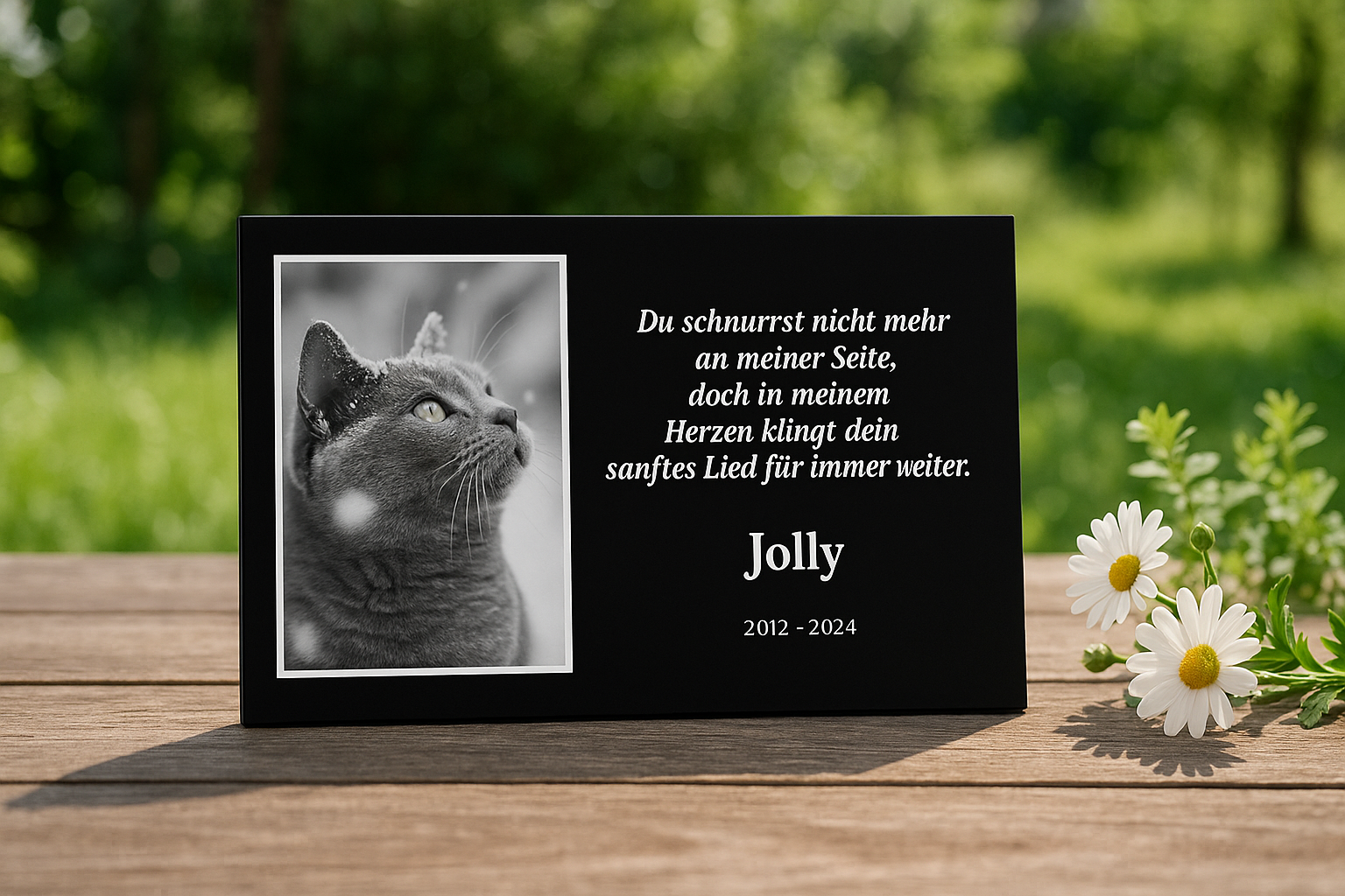 Katzen-Gedenktafel für Jolly mit Foto, Spruch und Lebensdaten, aufgestellt im Garten neben weißen Gänseblümchen