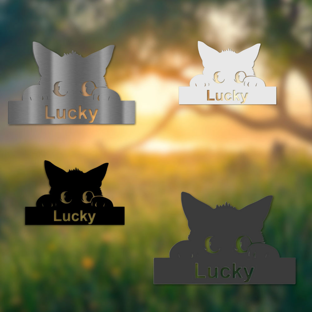 Vier Varianten des Katzenschilds personalisierbar – aus Edelstahl in Schwarz, Weiß, Anthrazit und gebürstetem V2A, dekorativ vor unscharfem Naturhintergrund

